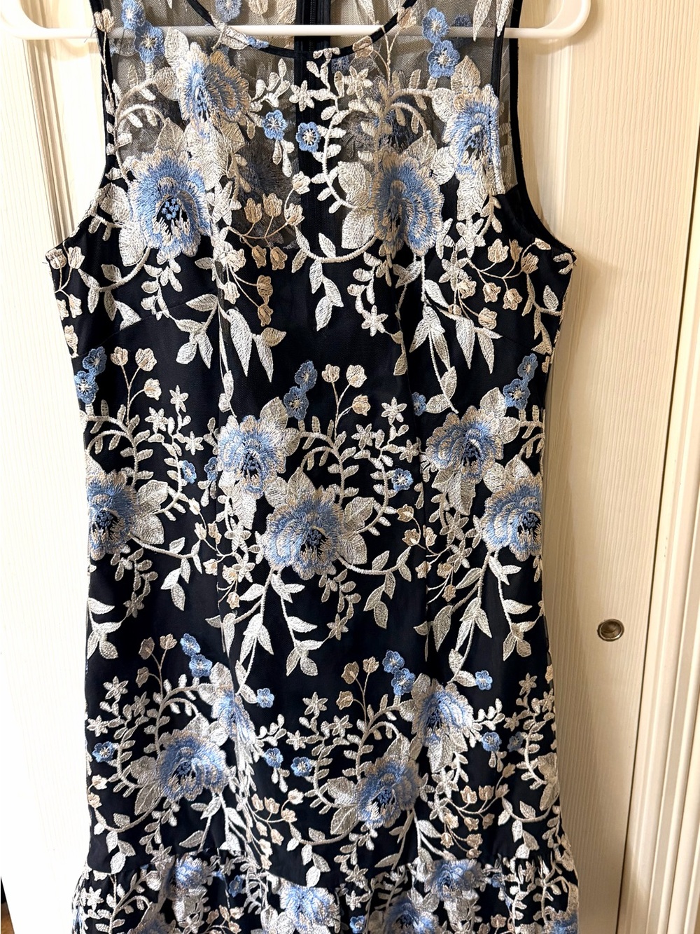 White House Black Market Black Midi Dress with Blue & Silver Floral Embroidery